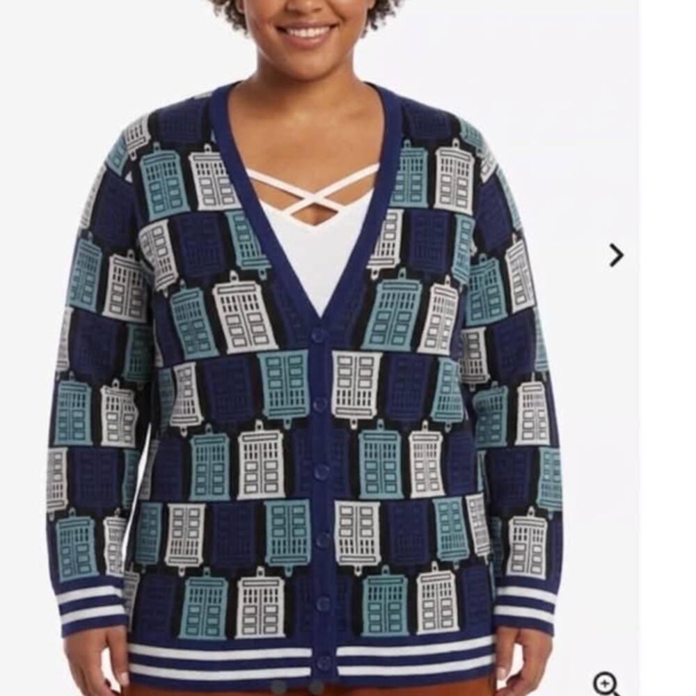 Torrid Plus Size 5 (5X) Doctor Who Tardis V Neck Button Up Cardigan Sweater Top - Picture 3 of 5